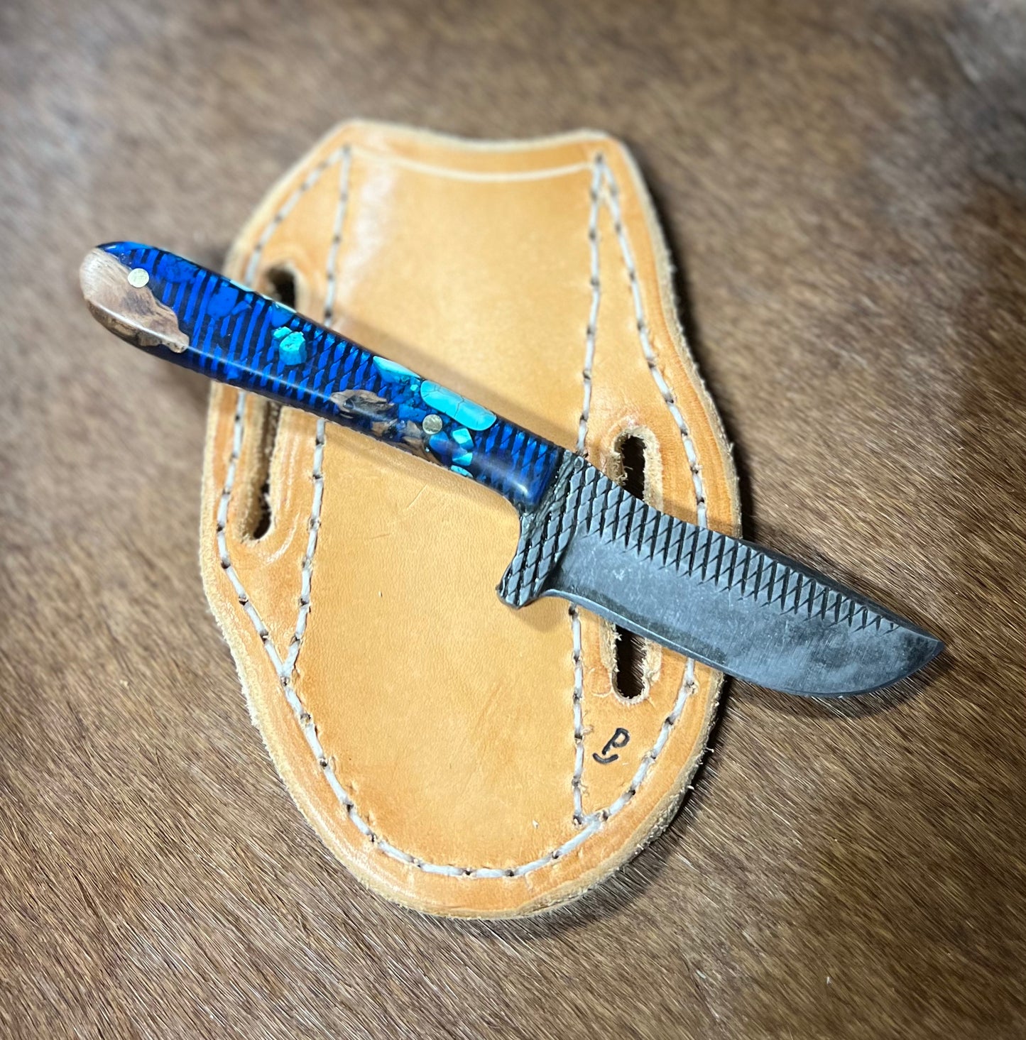 Blue & Turquoise Tumbling P Custom Knife