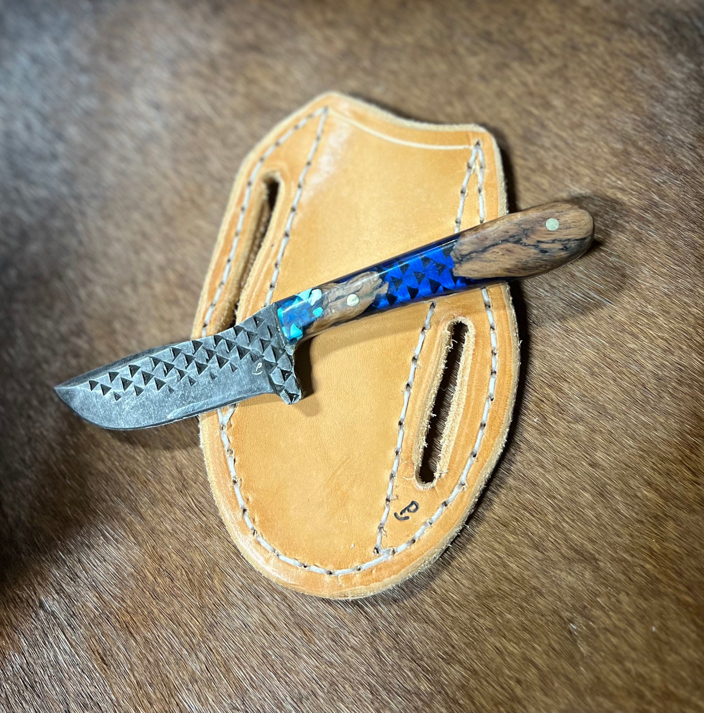 Blue & Turquoise Tumbling P Custom Knife