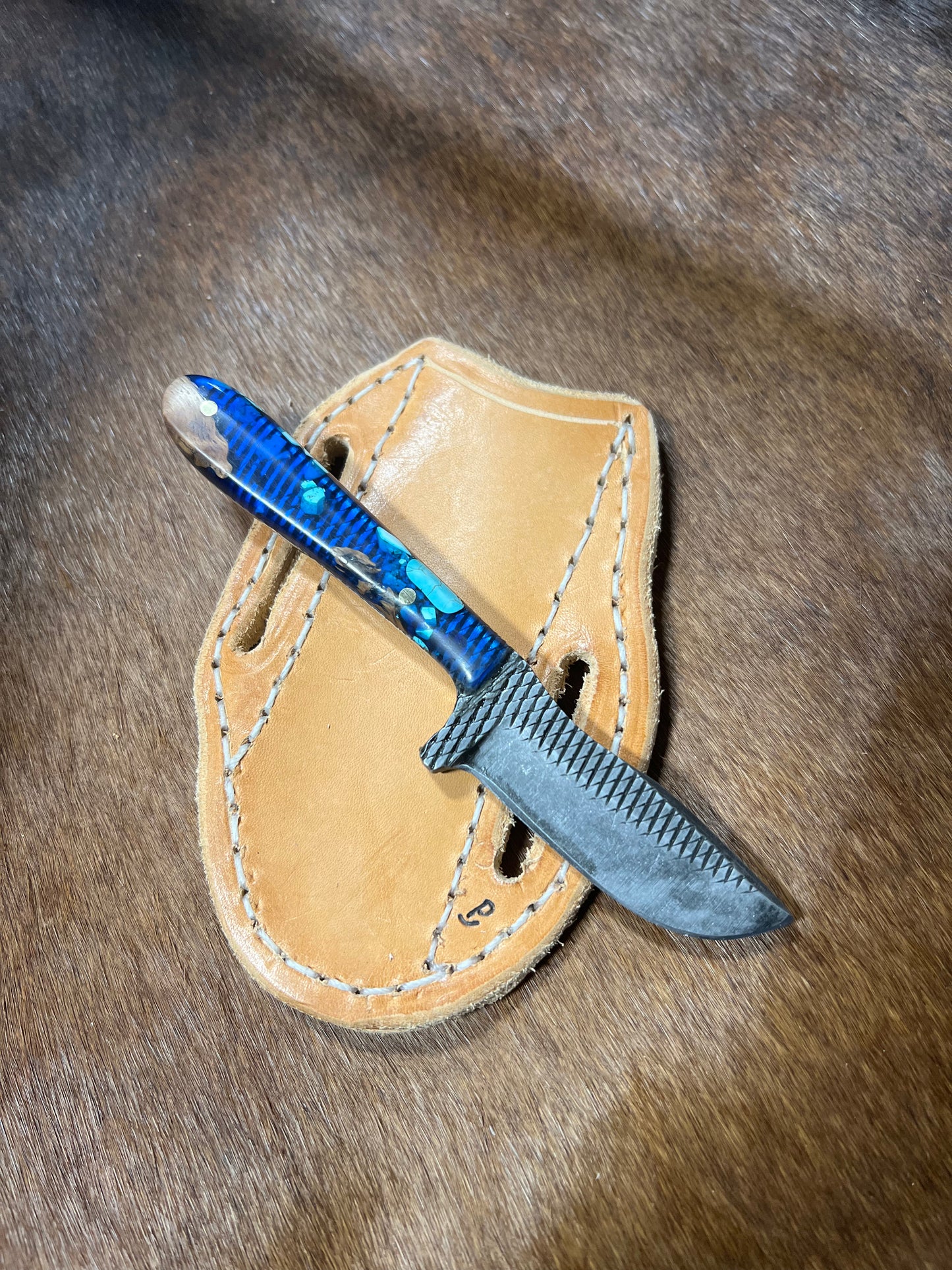 Blue & Turquoise Tumbling P Custom Knife